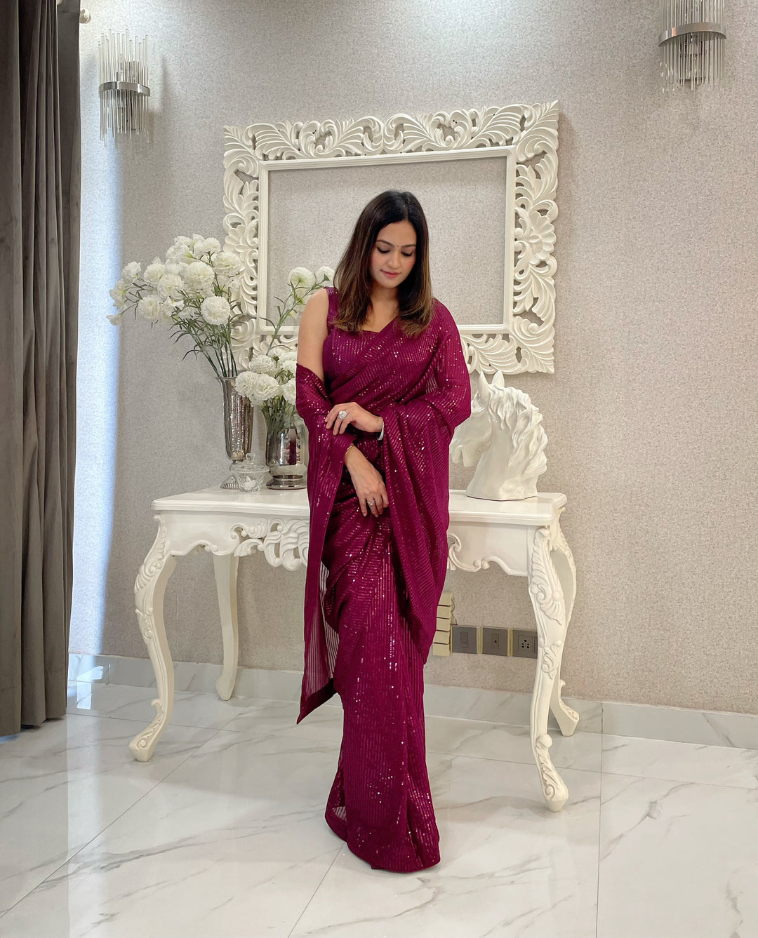 Iridescent Georgette Saree with Heavy Sequence Embroidery | Elegant Festive Wear