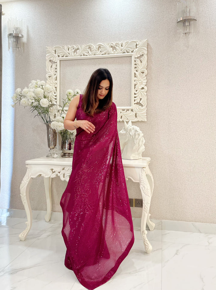 Iridescent Georgette Saree with Heavy Sequence Embroidery | Elegant Festive Wear