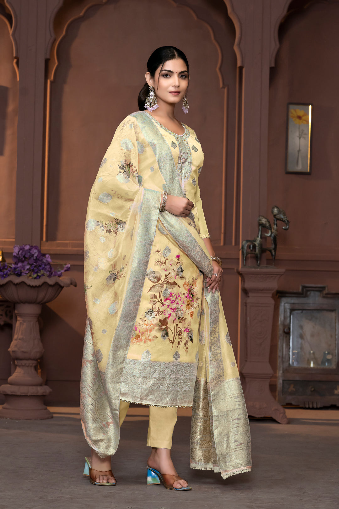 Viscose Organza Salwar Kameez with Floral Embroidery and Banarasi Dupatta | Elegant Ethnic Wear for Weddings and Festive Celebrations