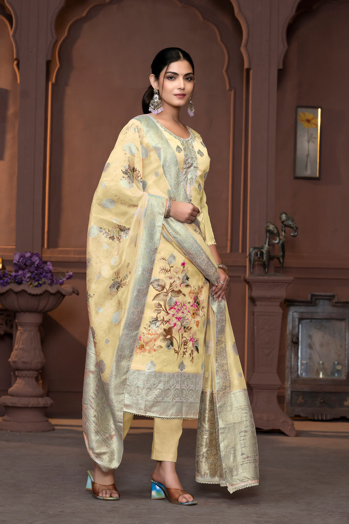 Viscose Organza Salwar Kameez | Floral Embroidery with Banarasi Dupatta