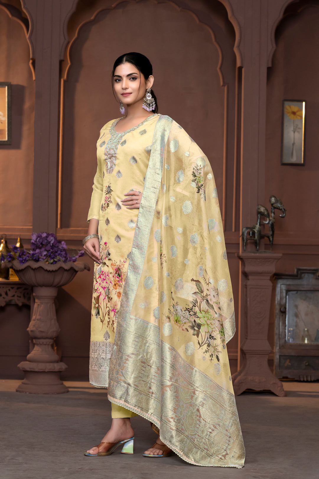 Viscose Organza Salwar Kameez with Floral Embroidery and Banarasi Dupatta | Elegant Ethnic Wear for Weddings and Festive Celebrations