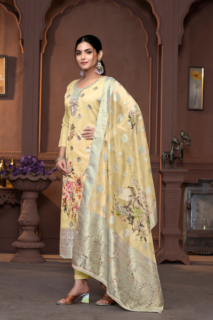 Viscose Organza Salwar Kameez | Floral Embroidery with Banarasi Dupatta