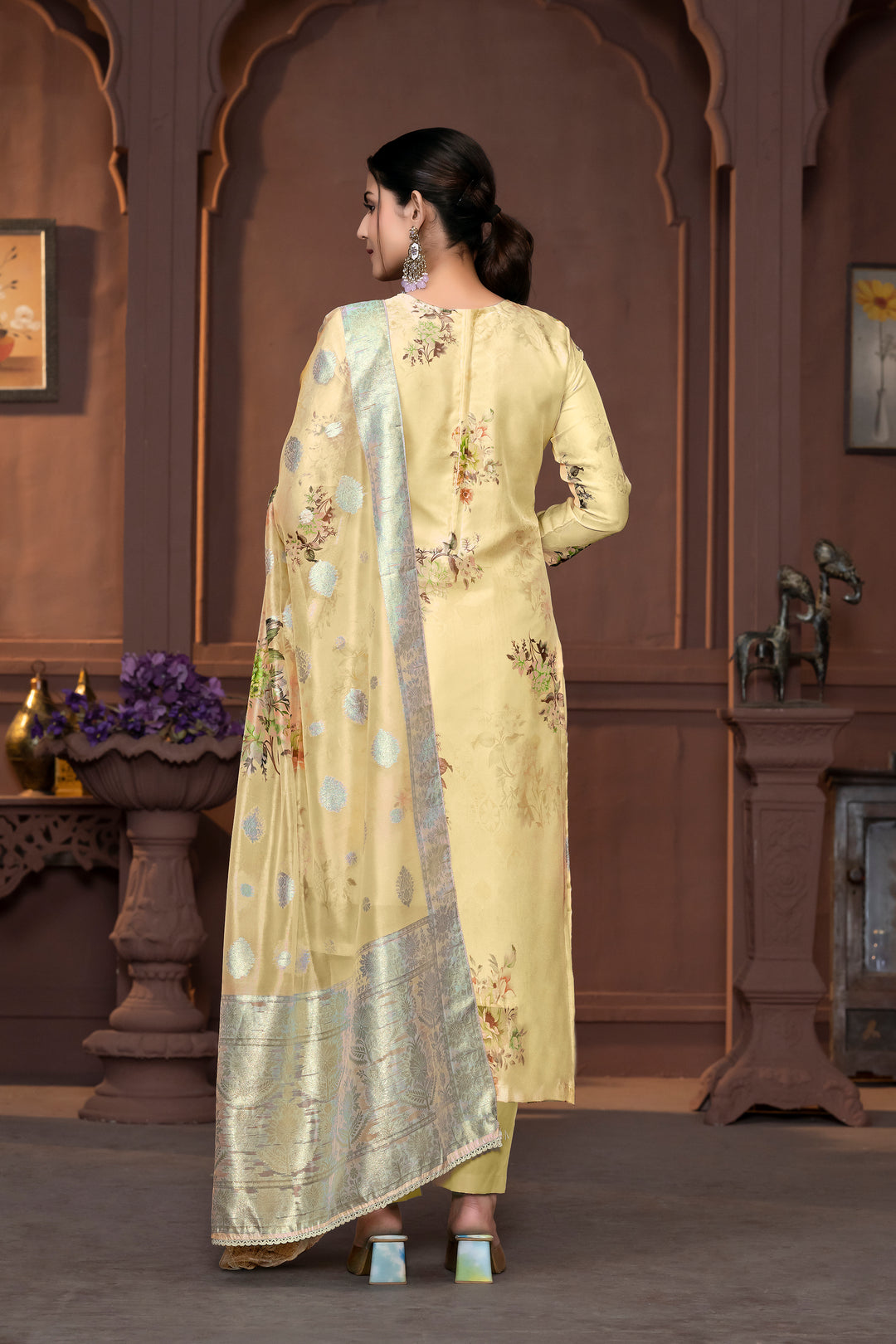 Viscose Organza Salwar Kameez with Floral Embroidery and Banarasi Dupatta | Elegant Ethnic Wear for Weddings and Festive Celebrations