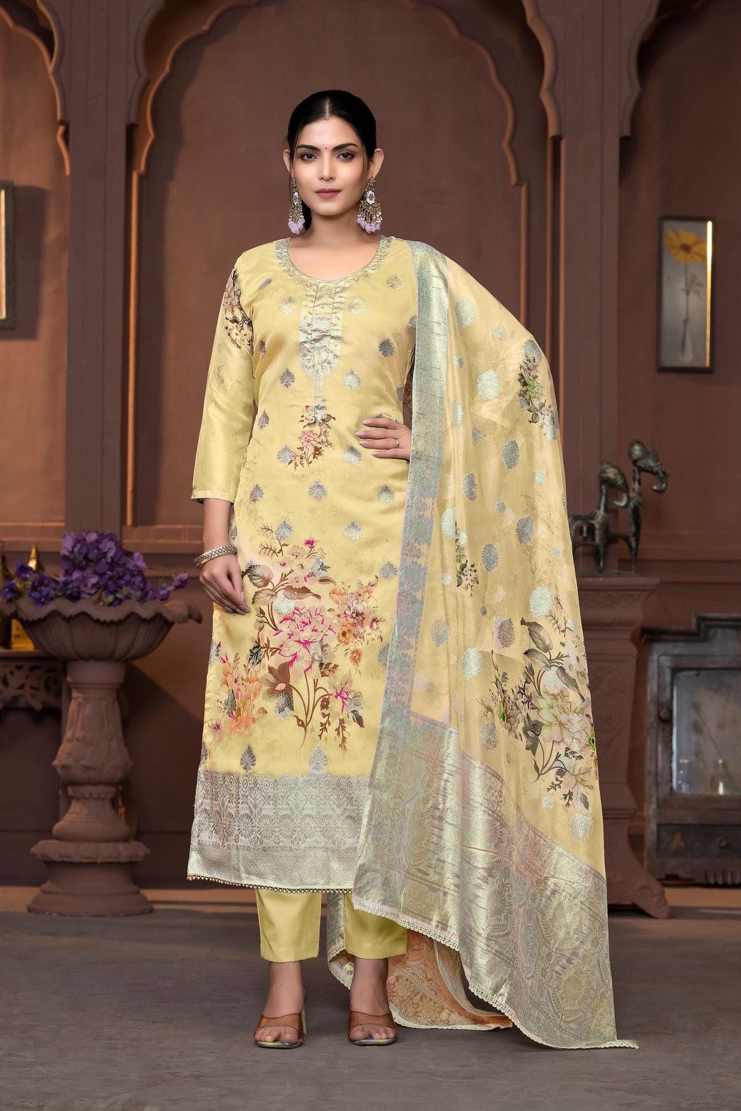 Viscose Organza Salwar Kameez | Floral Embroidery with Banarasi Dupatta