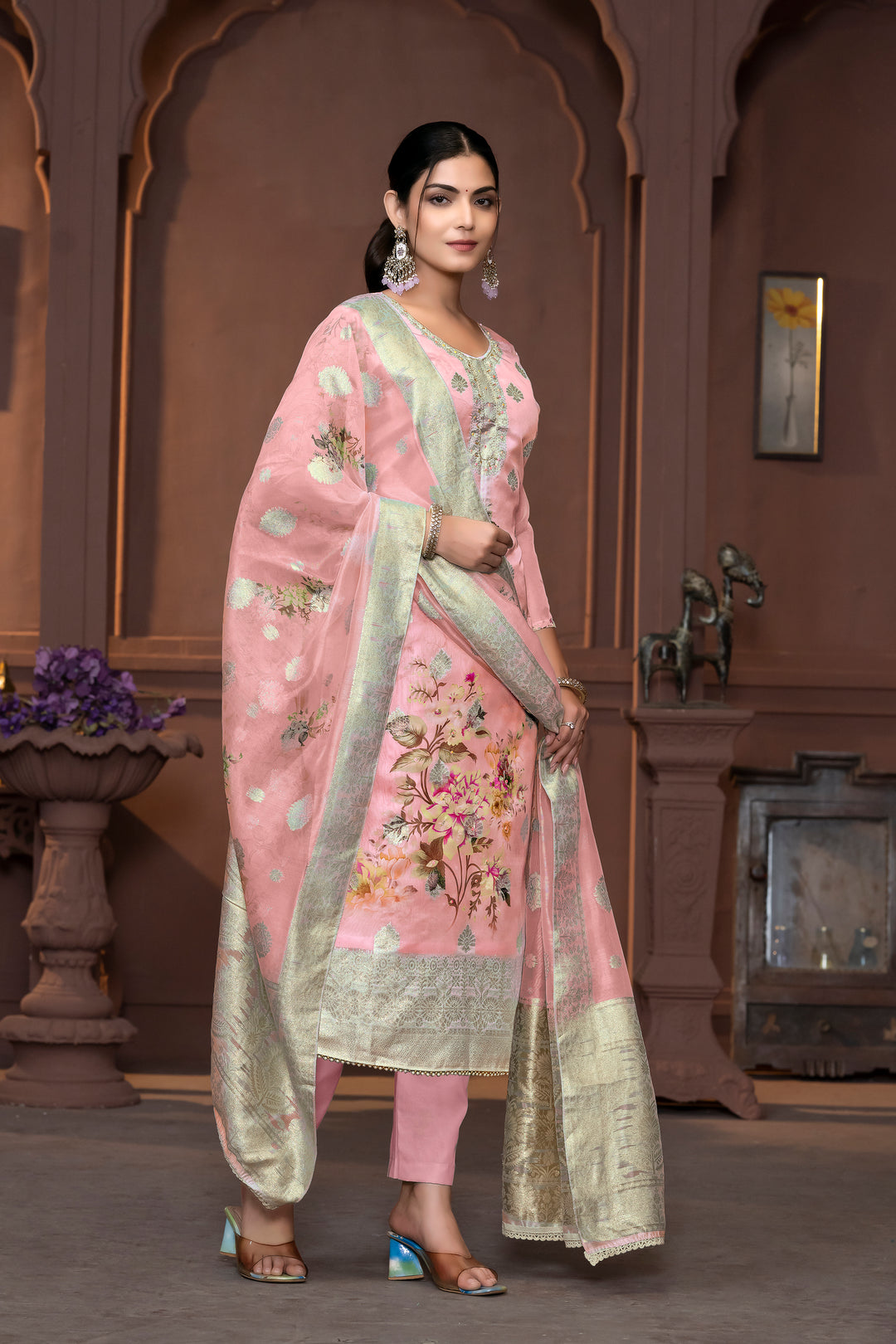 Viscose Organza Salwar Kameez | Floral Embroidery with Banarasi Dupatta