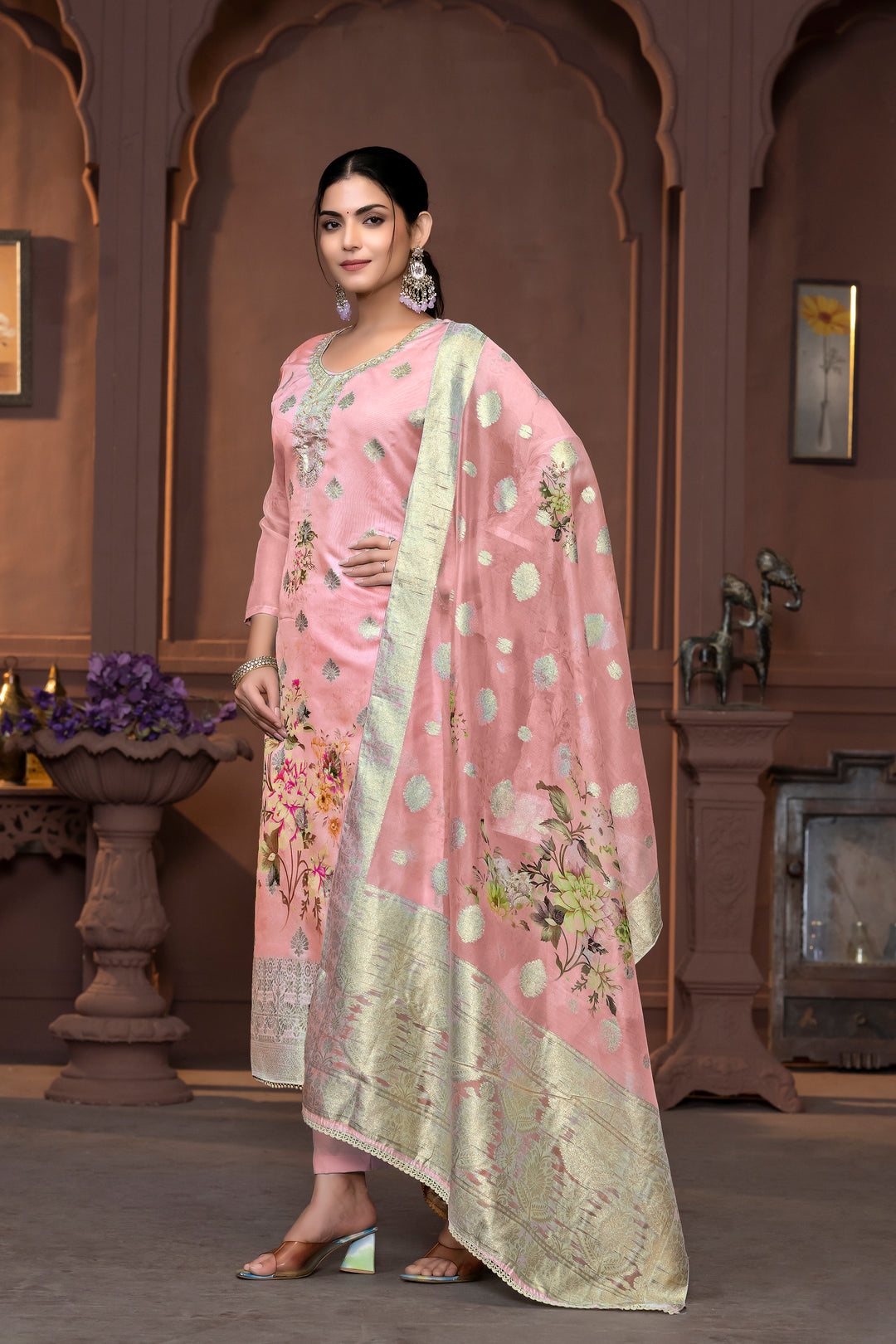 Viscose Organza Salwar Kameez | Floral Embroidery with Banarasi Dupatta