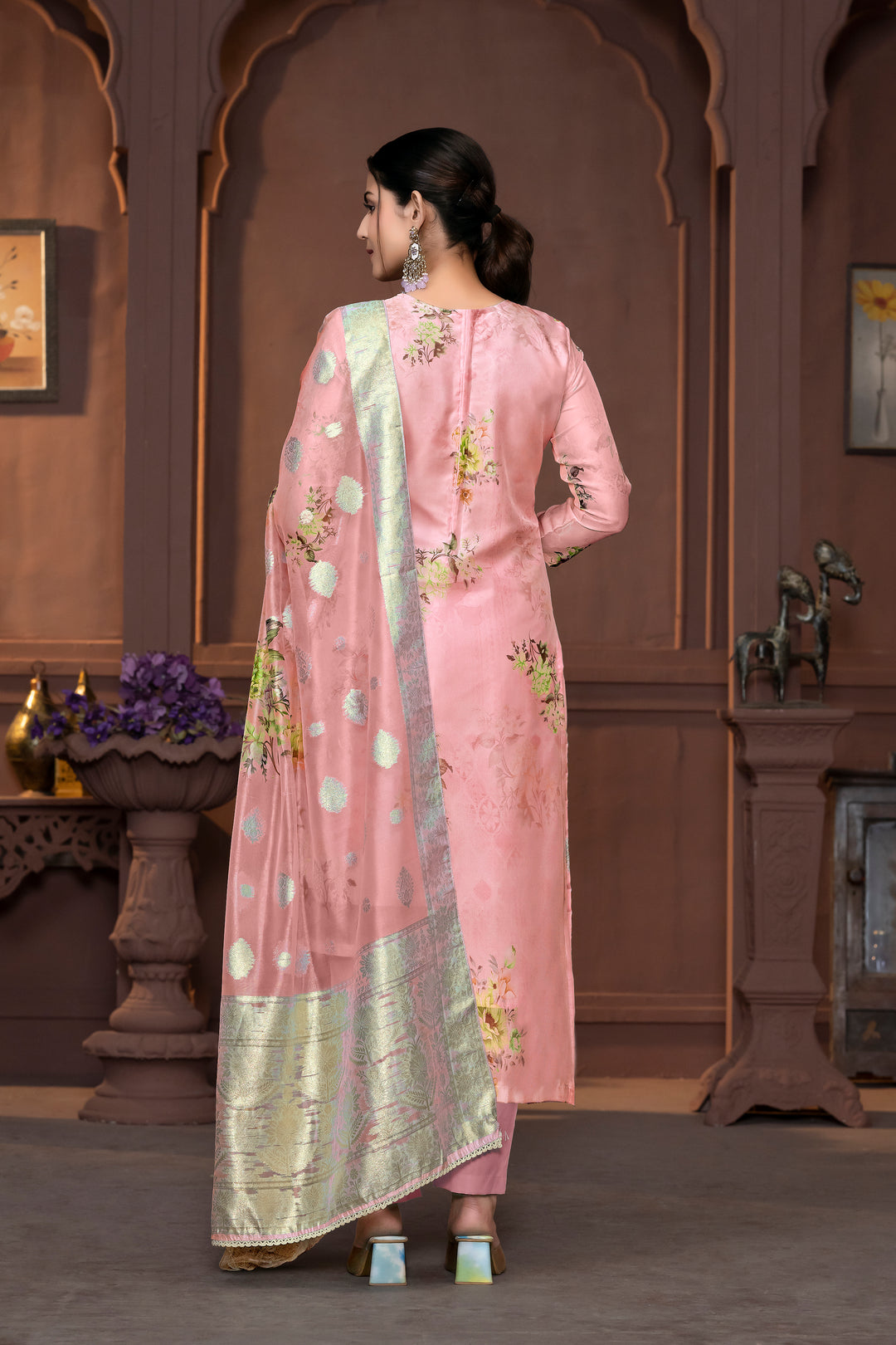 Viscose Organza Salwar Kameez | Floral Embroidery with Banarasi Dupatta