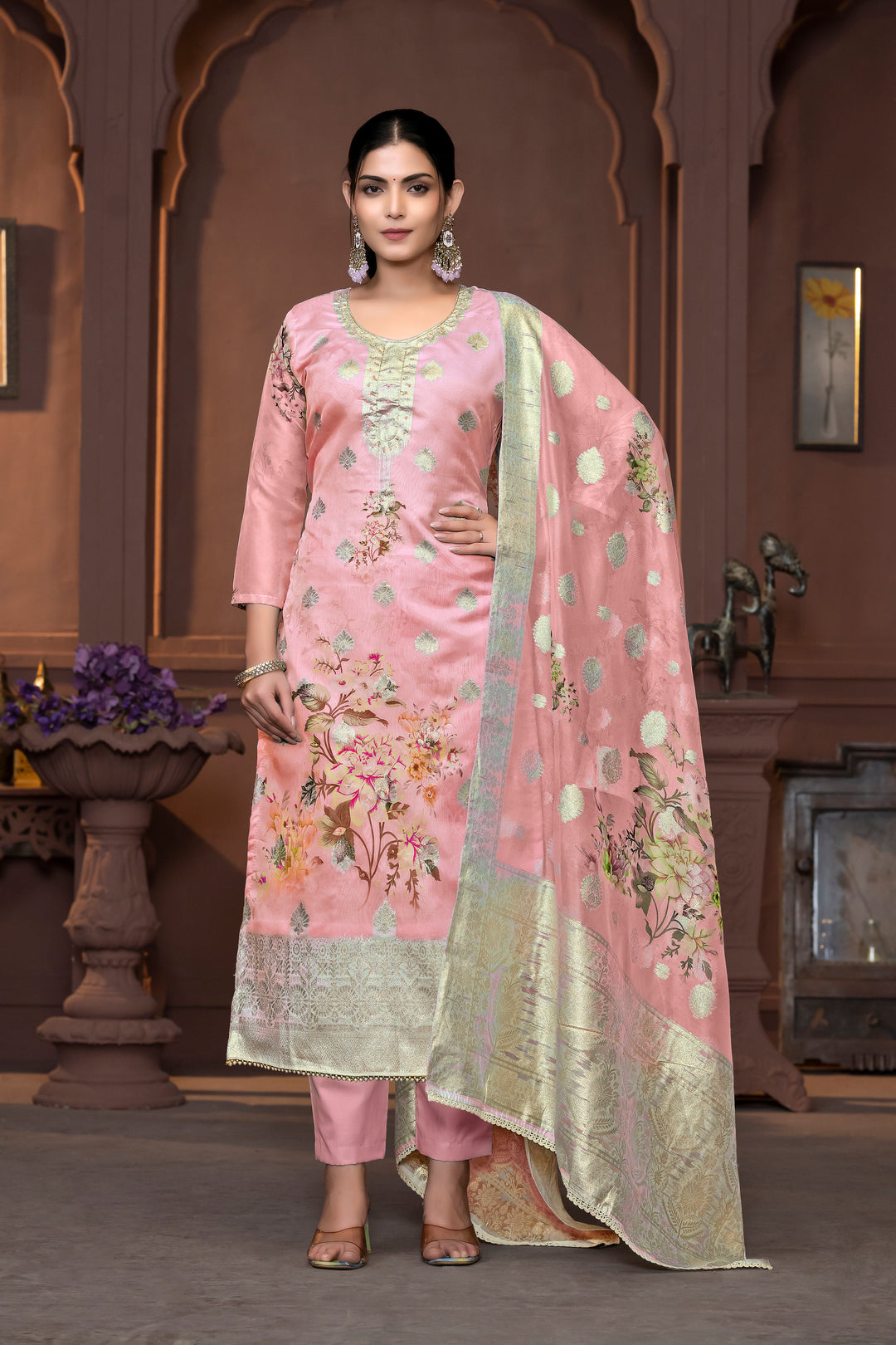 Viscose Organza Salwar Kameez | Floral Embroidery with Banarasi Dupatta