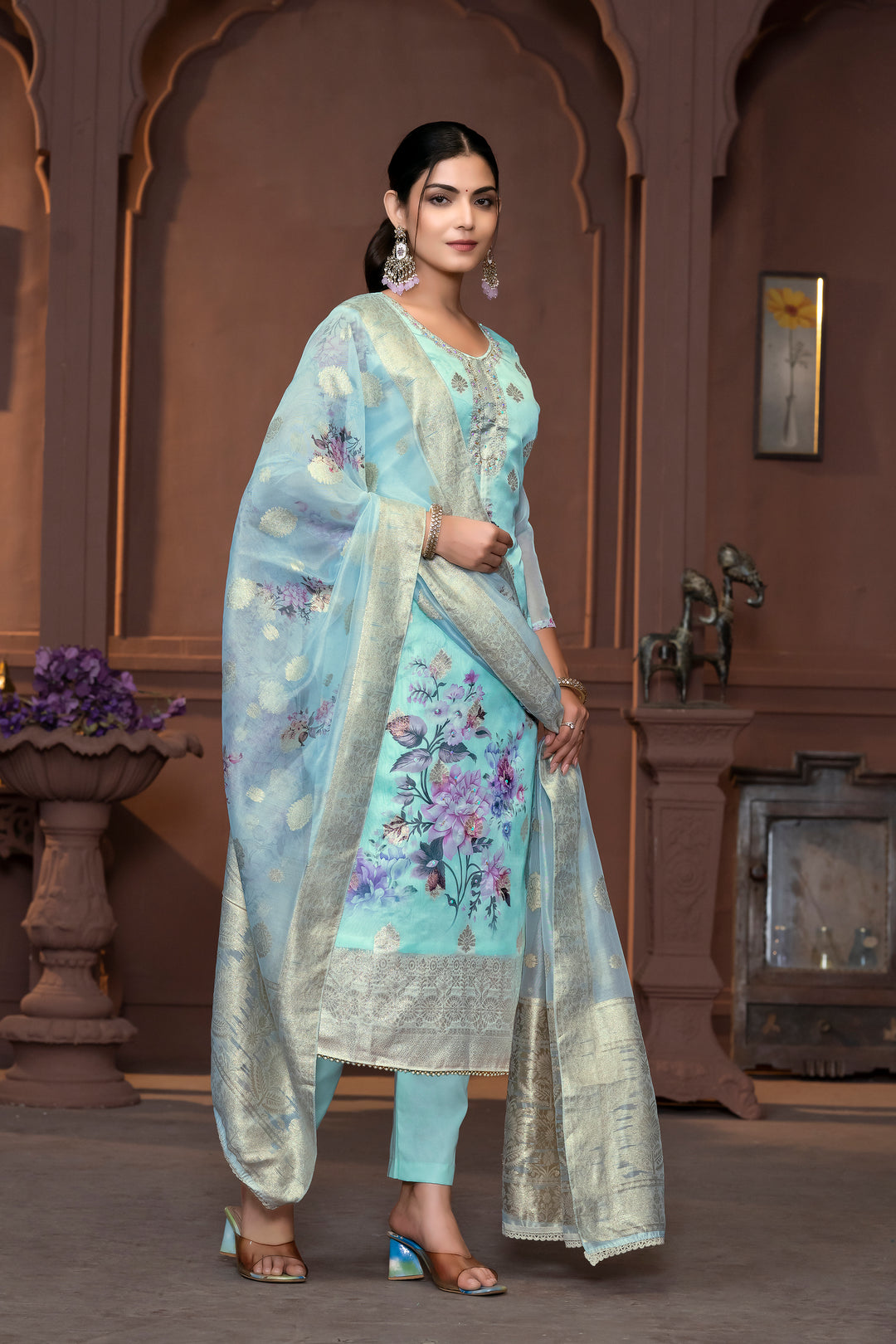 Viscose Organza Salwar Kameez | Floral Embroidery with Banarasi Dupatta