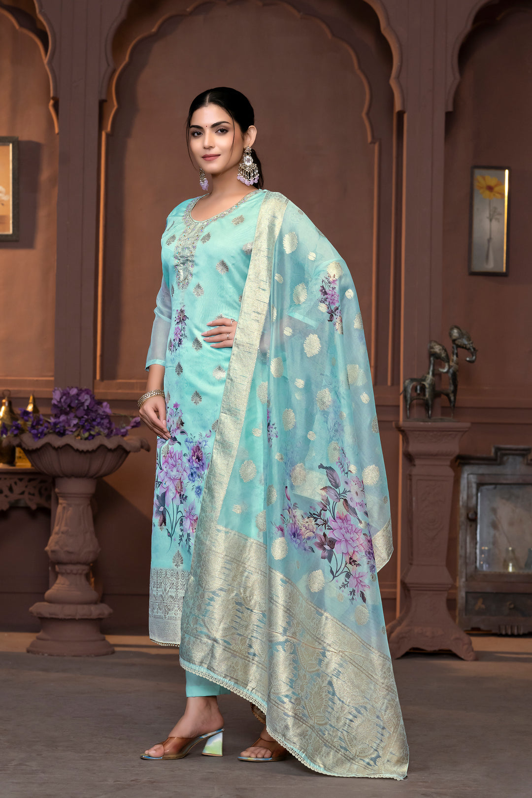 Viscose Organza Salwar Kameez with Floral Embroidery and Banarasi Dupatta | Elegant Ethnic Wear for Weddings and Festive Celebrations