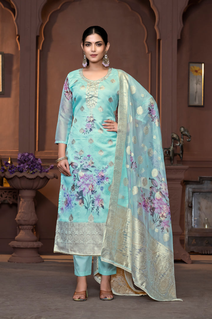 Viscose Organza Salwar Kameez | Floral Embroidery with Banarasi Dupatta