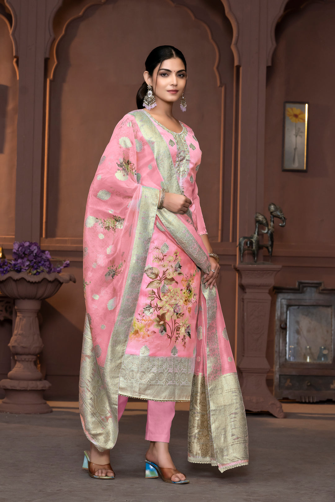 Viscose Organza Salwar Kameez with Floral Embroidery and Banarasi Dupatta | Elegant Ethnic Wear for Weddings and Festive Celebrations