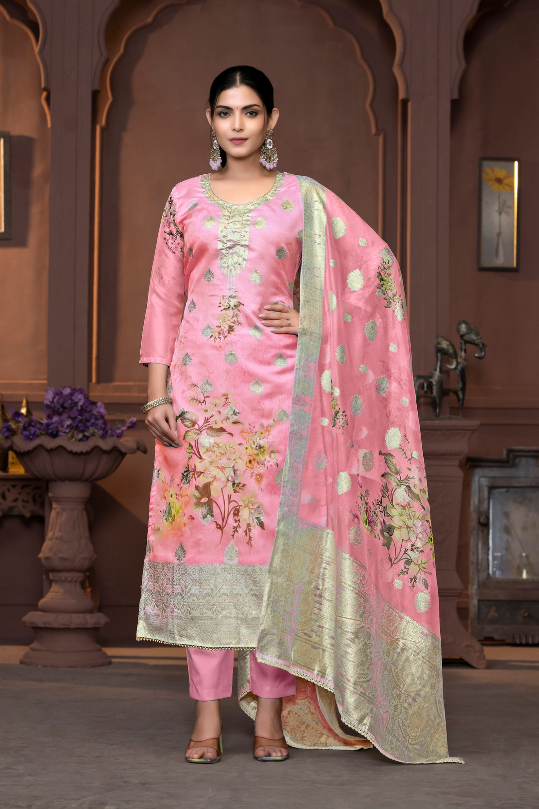 Viscose Organza Salwar Kameez with Floral Embroidery and Banarasi Dupatta | Elegant Ethnic Wear for Weddings and Festive Celebrations