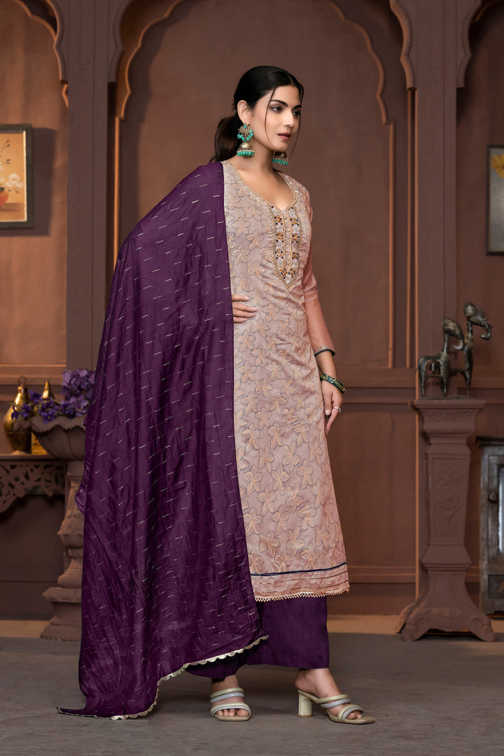 Elegant Modal Salwar Kameez with Floral Embroidery and Purple Dupatta | Perfect for Festive and Traditional Wear