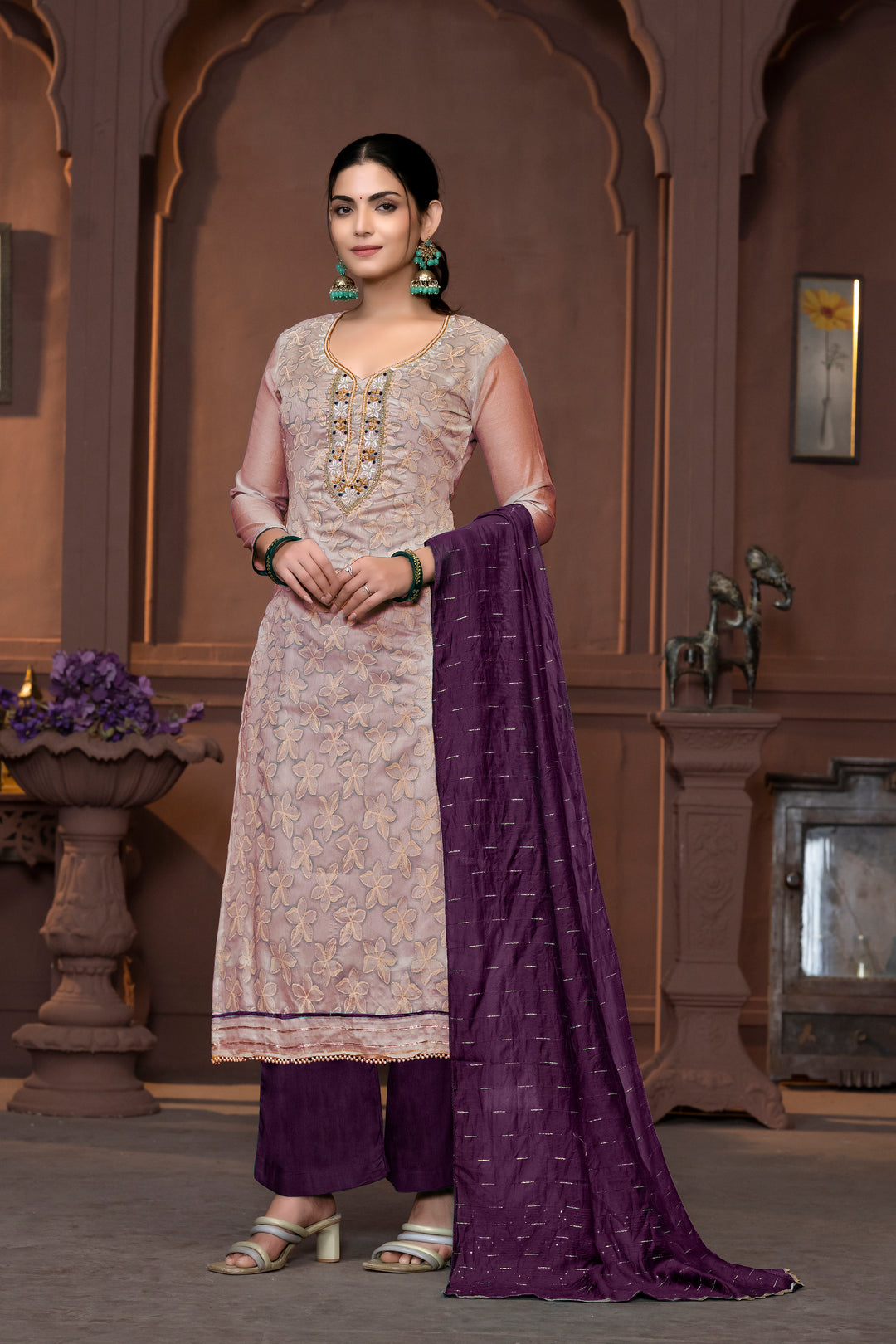 Elegant Modal Salwar Kameez with Floral Embroidery and Purple Dupatta | Perfect for Festive and Traditional Wear