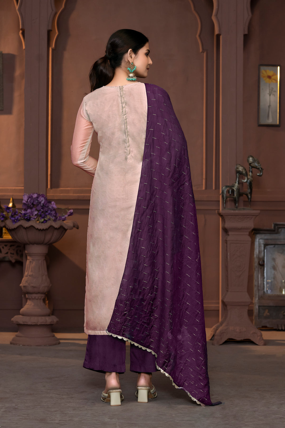 Elegant Modal Salwar Kameez with Floral Embroidery and Purple Dupatta | Perfect for Festive and Traditional Wear