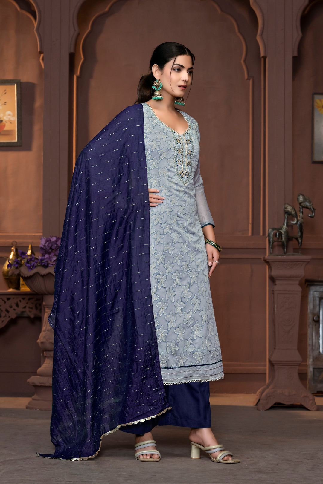 Elegant Modal Salwar Kameez with Floral Embroidery and Purple Dupatta | Perfect for Festive and Traditional Wear