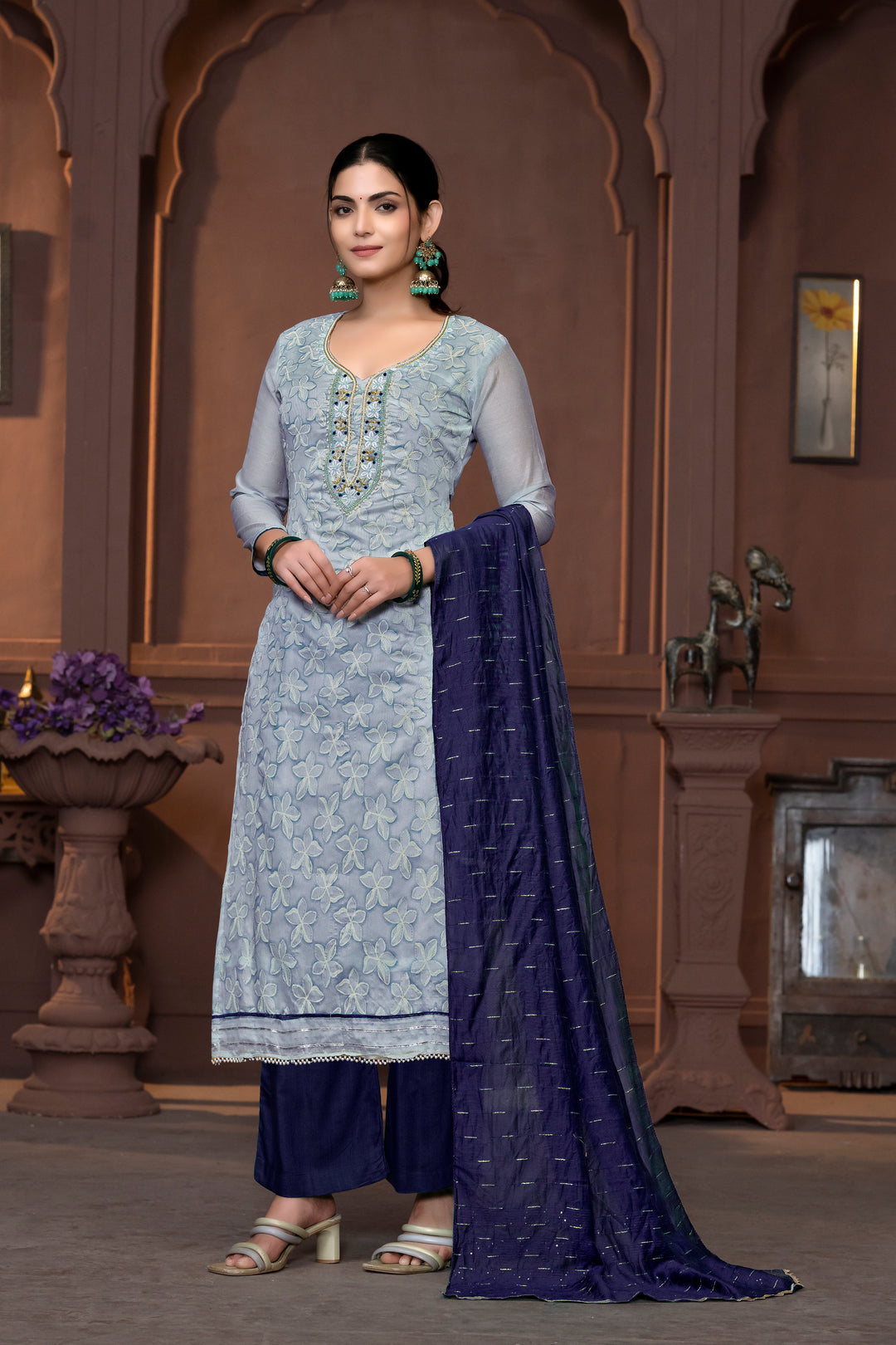 Elegant Modal Salwar Kameez with Floral Embroidery and Purple Dupatta | Perfect for Festive and Traditional Wear