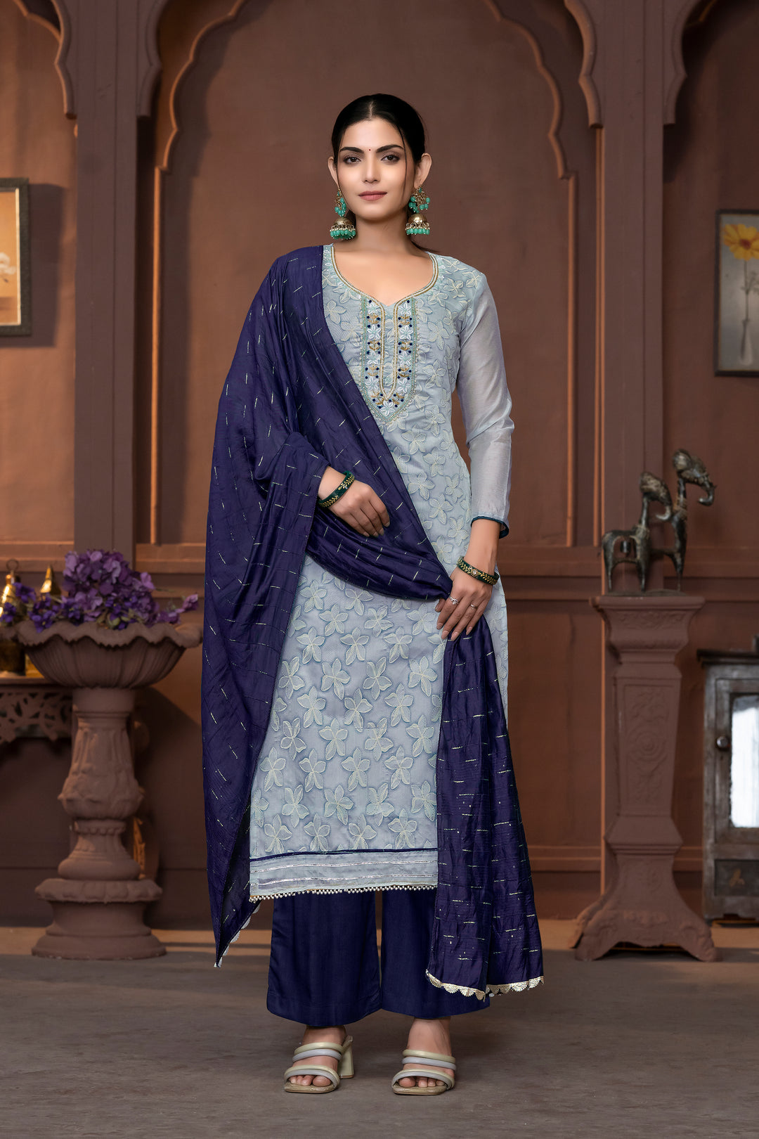 Elegant Modal Salwar Kameez with Floral Embroidery and Purple Dupatta | Perfect for Festive and Traditional Wear