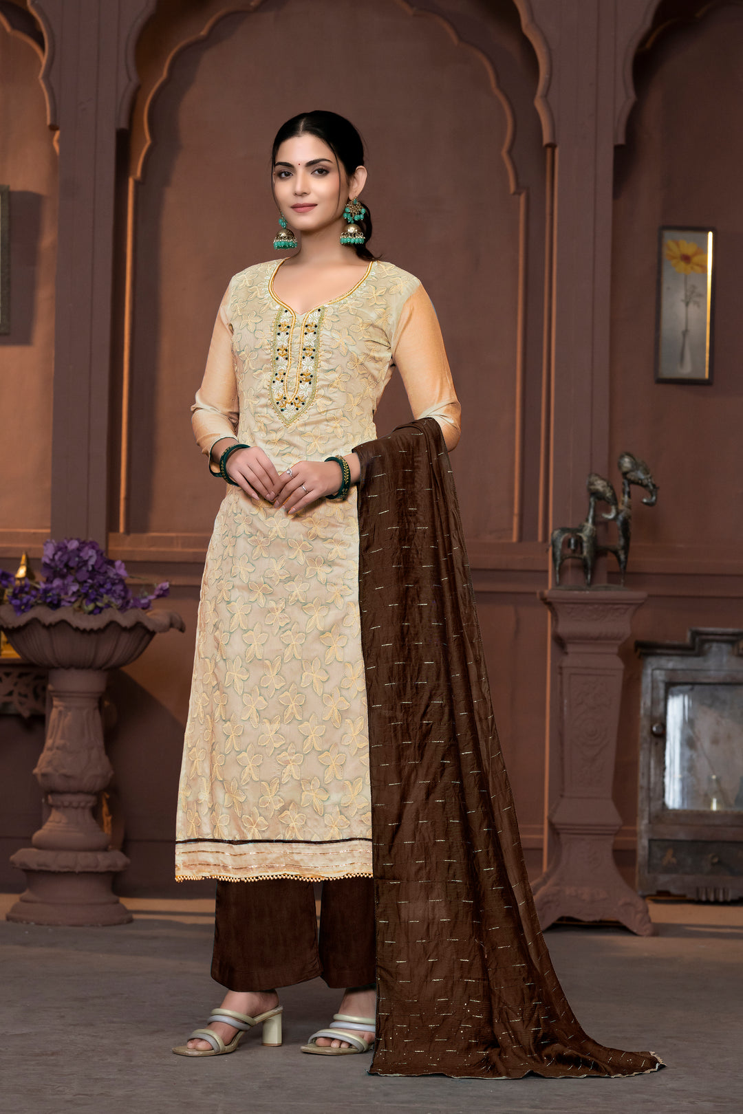 Elegant Modal Salwar Kameez with Floral Embroidery and Purple Dupatta | Perfect for Festive and Traditional Wear