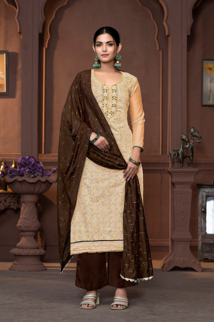 Elegant Modal Salwar Kameez with Floral Embroidery and Purple Dupatta | Perfect for Festive and Traditional Wear