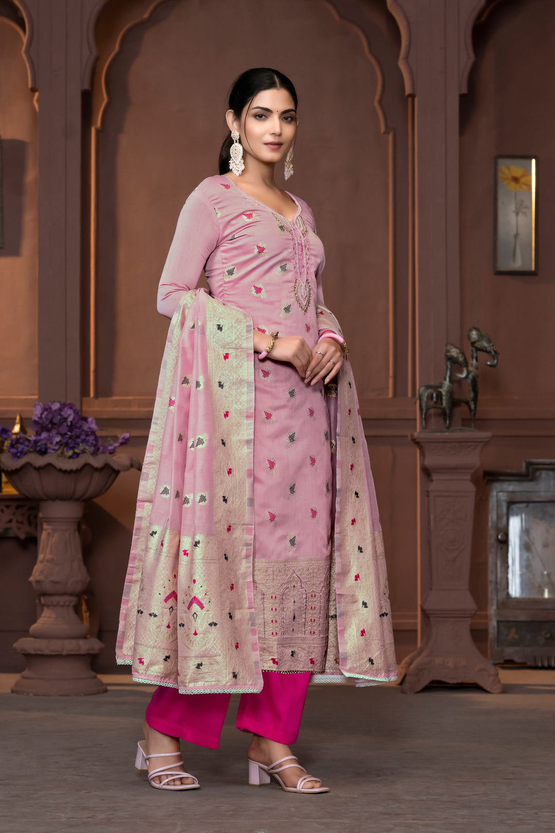 Graceful Muslin Salwar Kameez with Embroidered Detailing and Banarasi Dupatta | Perfect for Festive and Wedding Looks.