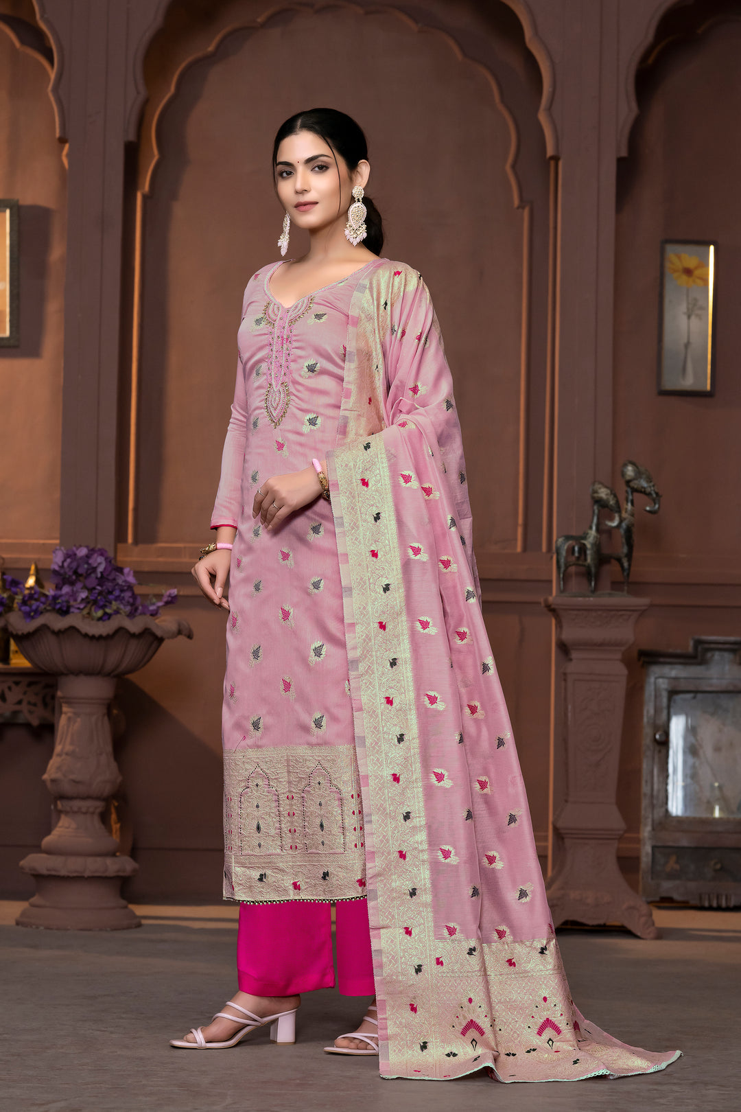 Graceful Muslin Salwar Kameez with Embroidered Detailing and Banarasi Dupatta | Perfect for Festive and Wedding Looks.