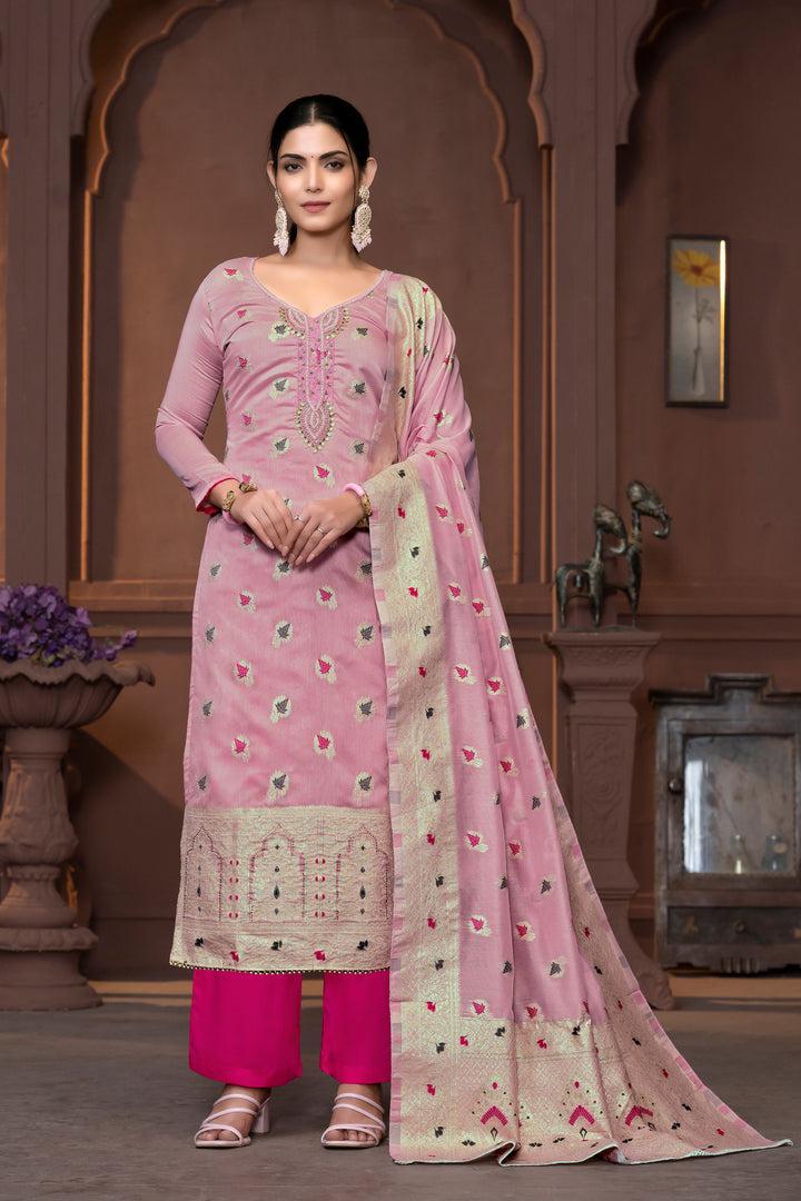 Graceful Muslin Salwar Kameez with Embroidered Detailing and Banarasi Dupatta | Perfect for Festive and Wedding Looks.