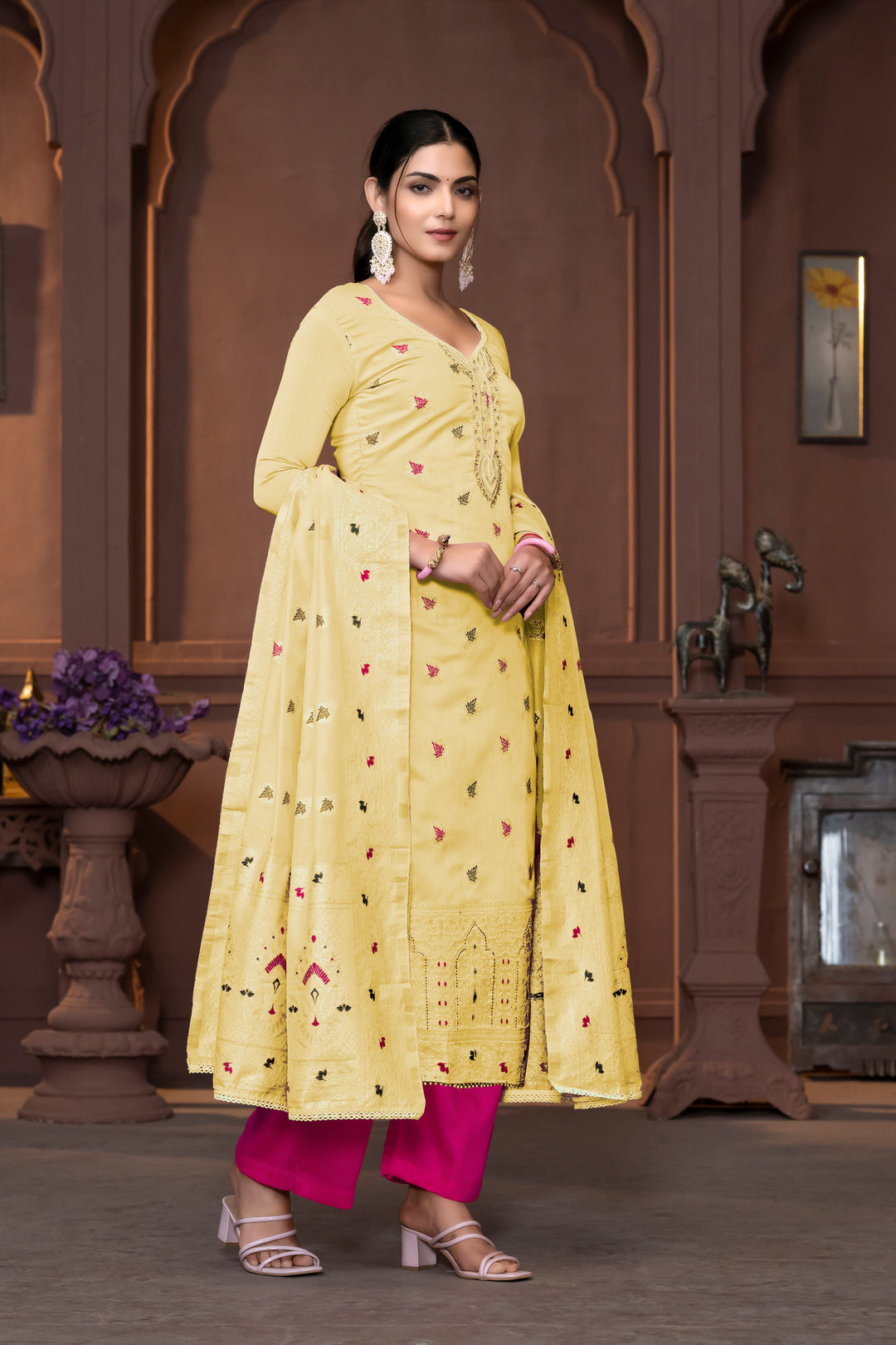 Graceful Muslin Salwar Kameez with Embroidered Detailing and Banarasi Dupatta | Perfect for Festive and Wedding Looks.