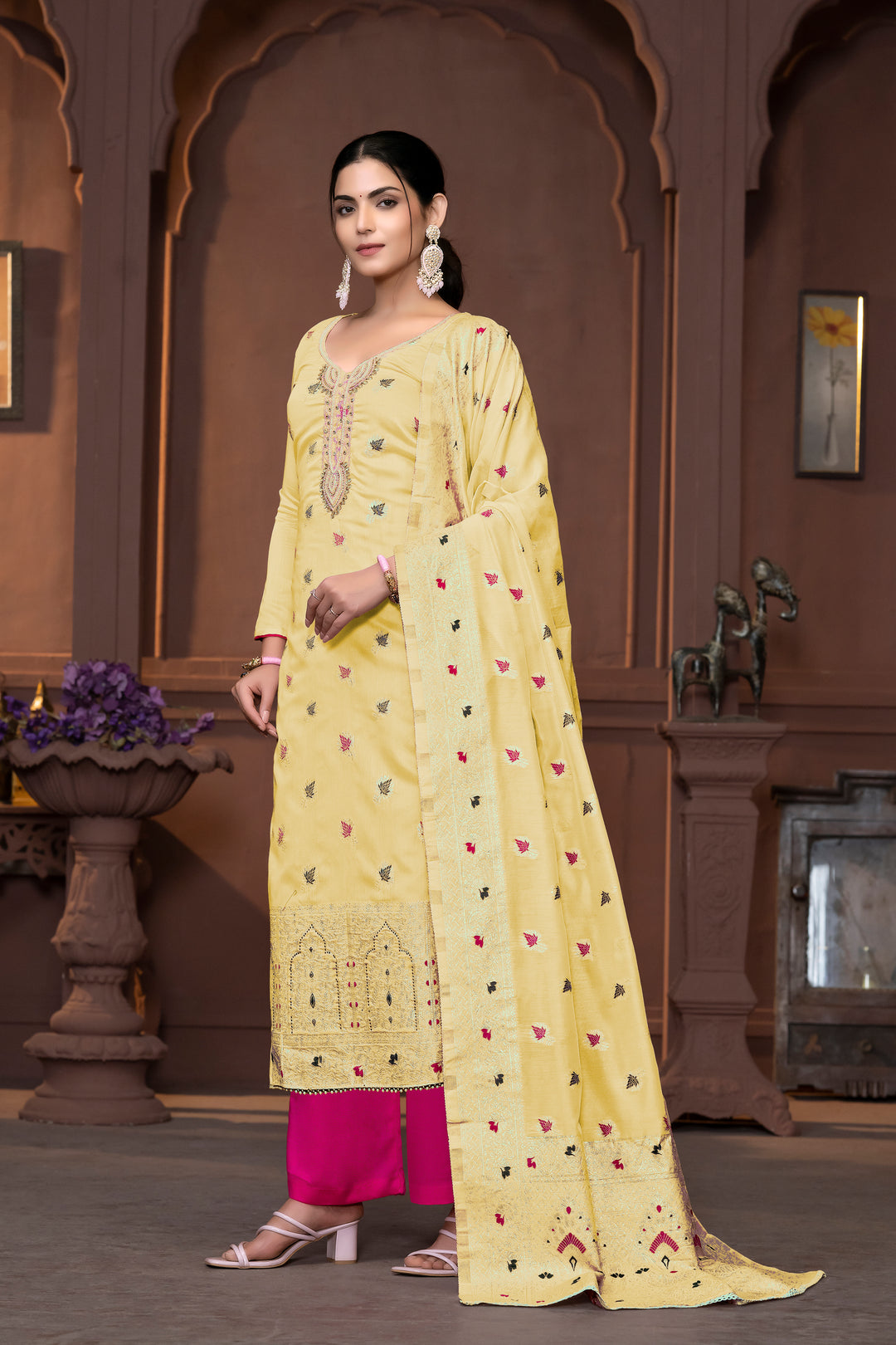 Graceful Muslin Salwar Kameez with Embroidered Detailing and Banarasi Dupatta | Perfect for Festive and Wedding Looks.