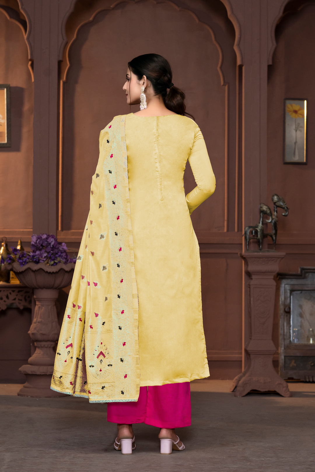 Graceful Muslin Salwar Kameez with Embroidered Detailing and Banarasi Dupatta | Perfect for Festive and Wedding Looks.