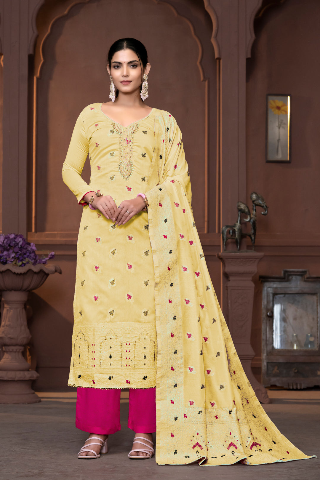 Graceful Muslin Salwar Kameez with Embroidered Detailing and Banarasi Dupatta | Perfect for Festive and Wedding Looks.