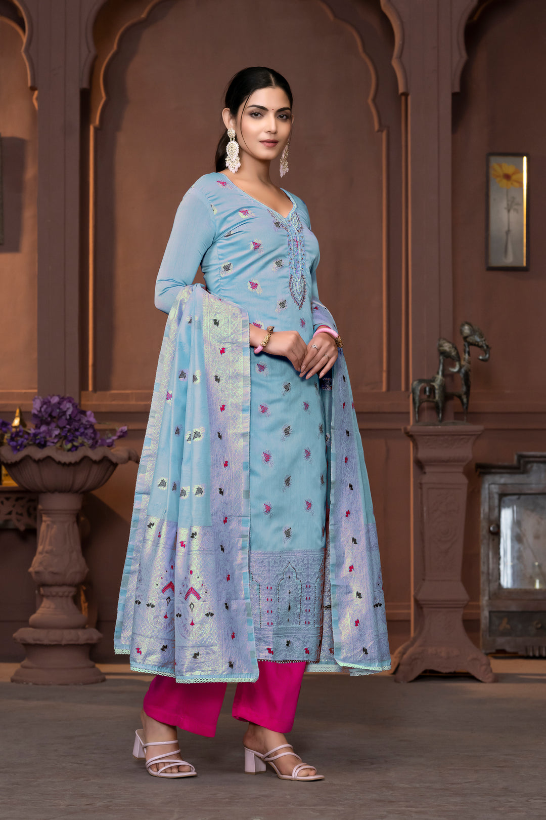 Graceful Muslin Salwar Kameez with Embroidered Detailing and Banarasi Dupatta | Perfect for Festive and Wedding Looks.