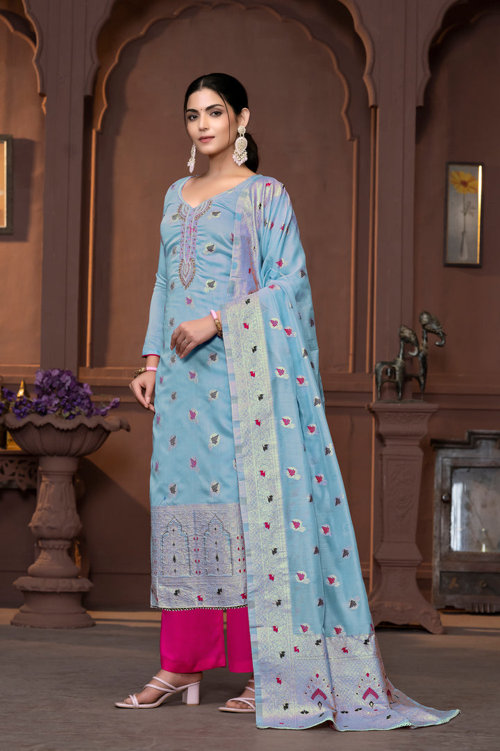 Graceful Muslin Salwar Kameez with Embroidered Detailing and Banarasi Dupatta | Perfect for Festive and Wedding Looks.