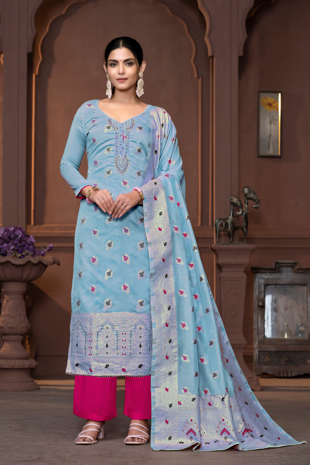 Graceful Muslin Salwar Kameez with Embroidered Detailing and Banarasi Dupatta | Perfect for Festive and Wedding Looks.