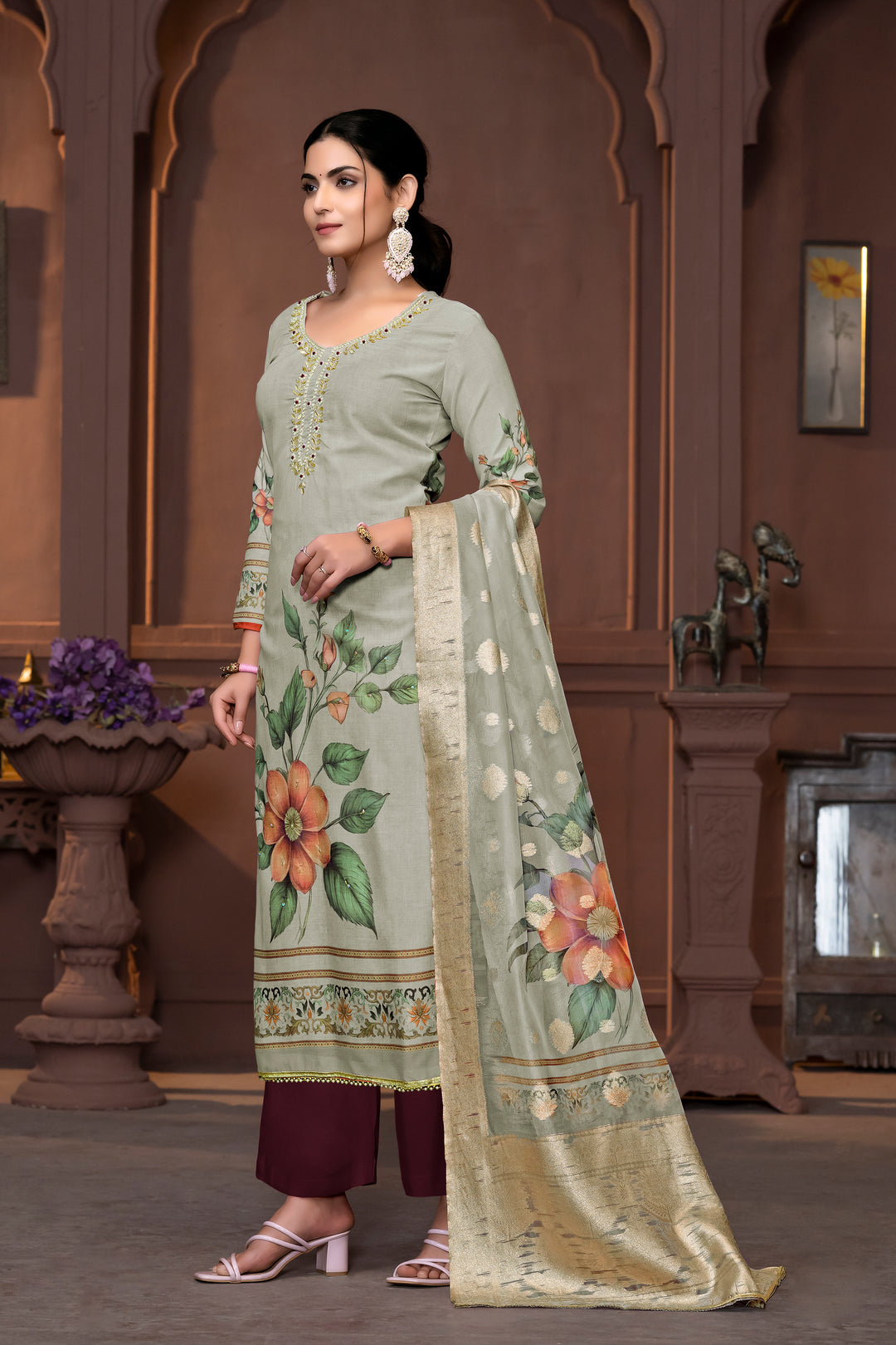 Wevon Designer Hand Work Salwar Kameez | Elegant Cembric Cotton Suit with Floral Detailing