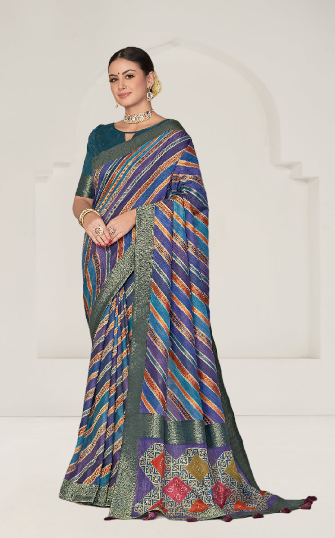 Elegant Leheriya-Printed Tussar Silk Saree | Embroidered for Special Events