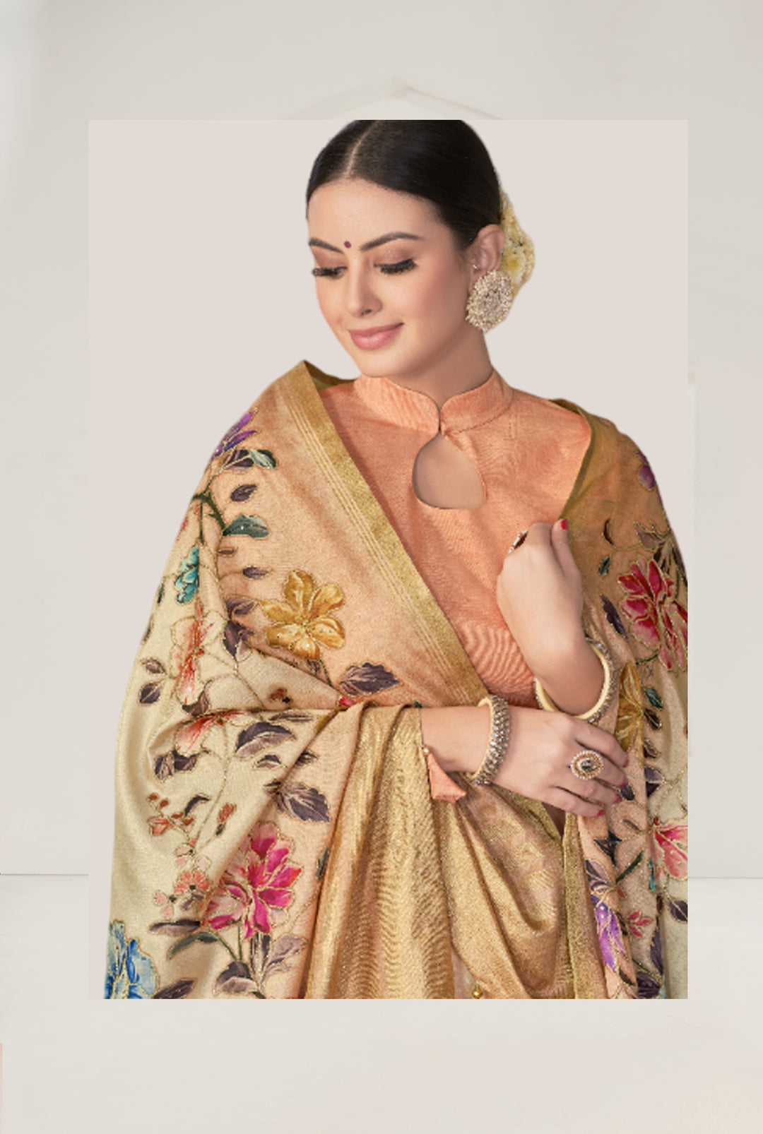 Floral Printed Rangkat Tussar Silk Saree | Banarasi Silk & Raw Silk Blouse