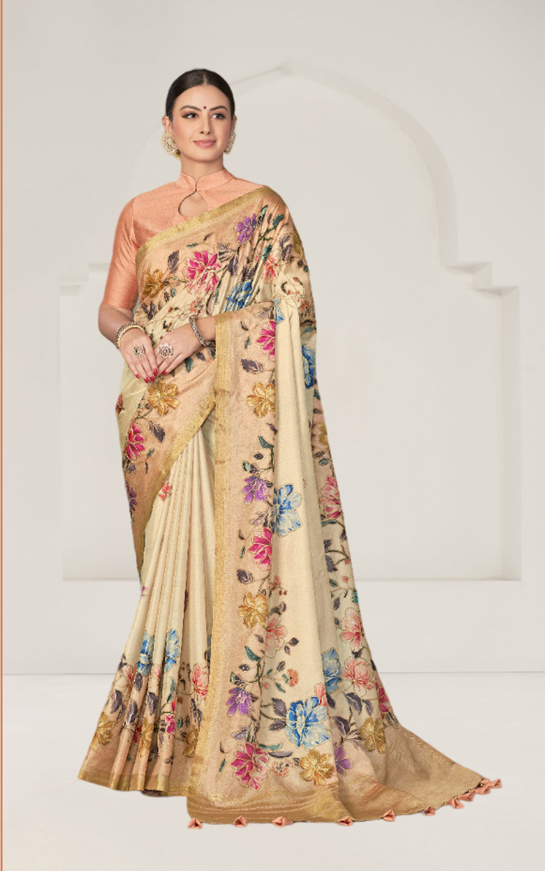 Floral-Printed Rangkat Tussar Silk Saree | Sequinned Embroidery for Weddings