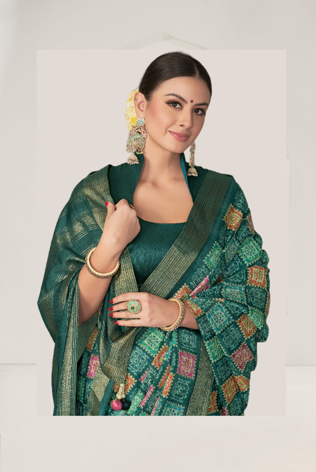 Geometric-Printed Rangkat Tussar Silk Saree | Banarasi Silk Blouse & Bottom