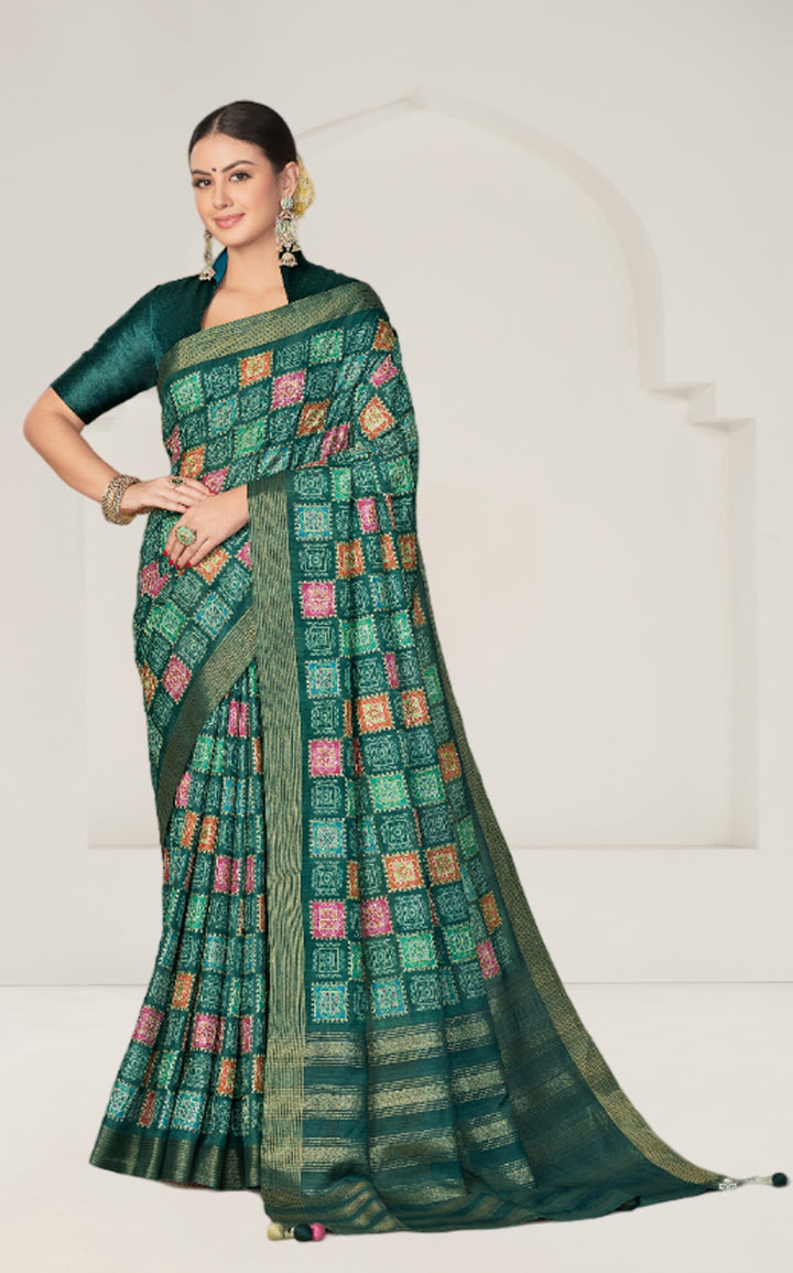 Geometric-Printed Rangkat Tussar Silk Saree | Banarasi Silk Blouse & Bottom