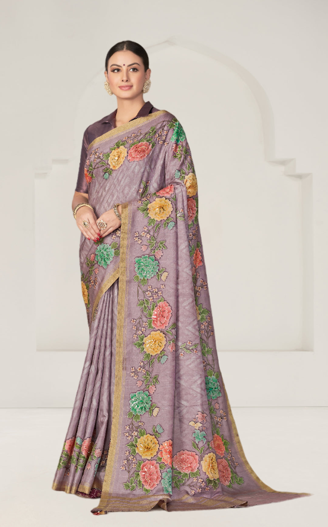 Rangkat Tussar Silk Saree | Floral Printed & Sequined Embroidery for Weddings