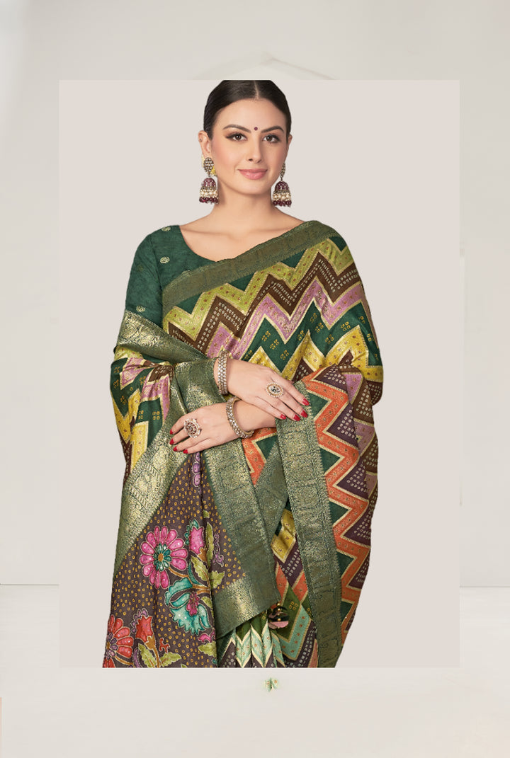 Rangkat Tussar Silk Saree | Banarasi Silk Blouse | Chevron Printed Elegance