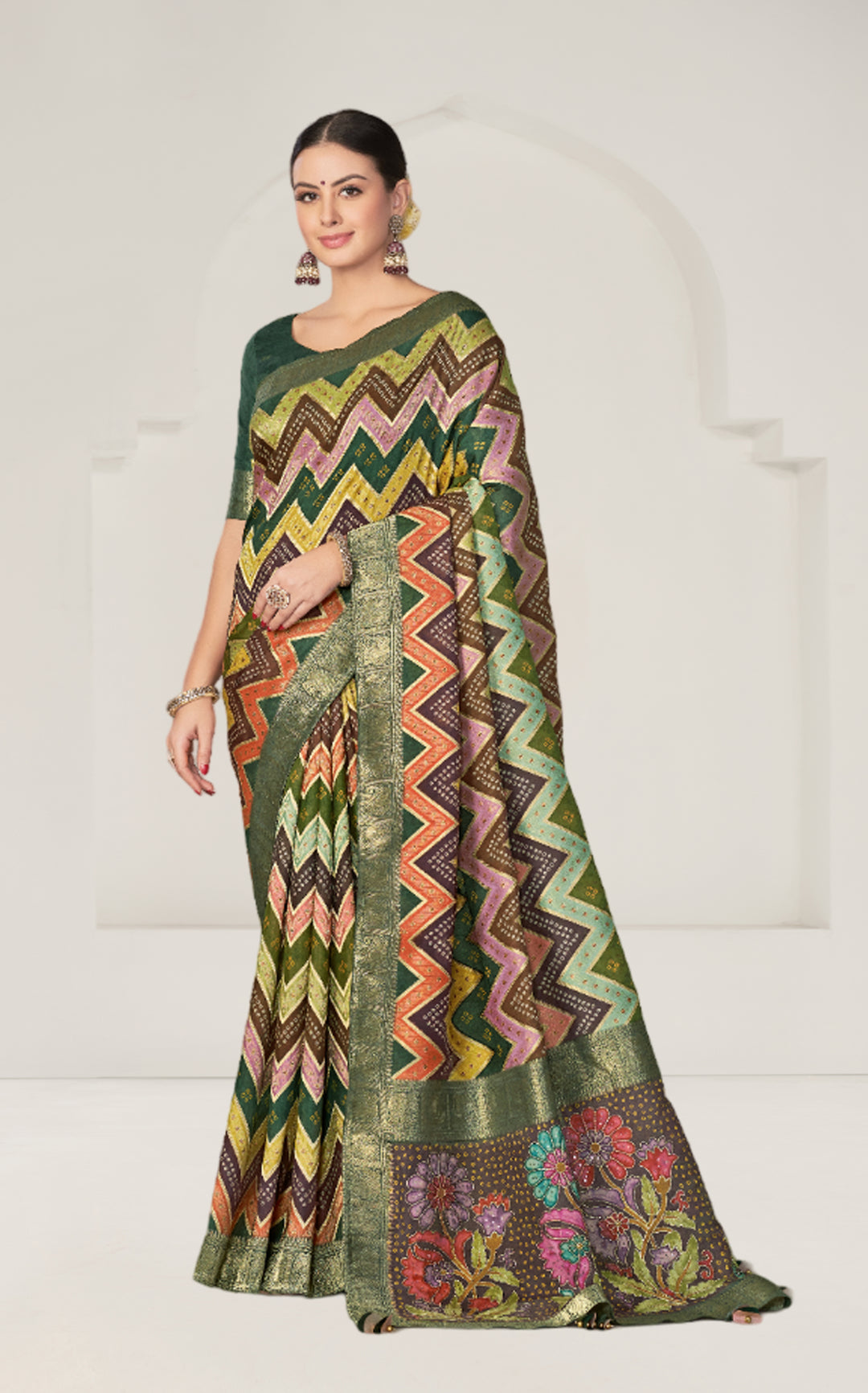 Rangkat Tussar Silk Saree | Banarasi Silk Blouse | Chevron Printed Elegance