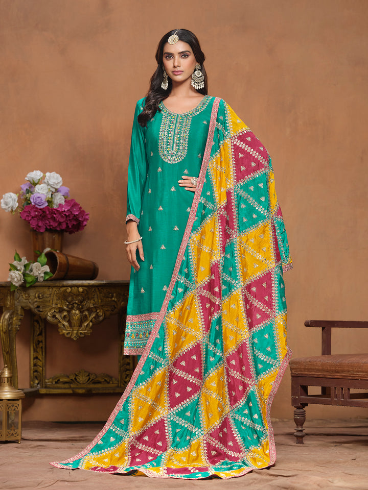 Chinon Salwar Kameez with Multicolor Dupatta | Elegant Ethnic Wear for Special Occasions