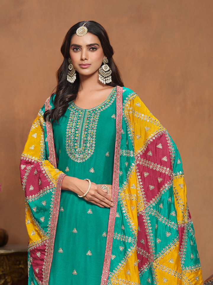 Chinon Salwar Kameez with Multicolor Dupatta | Elegant Ethnic Wear for Special Occasions