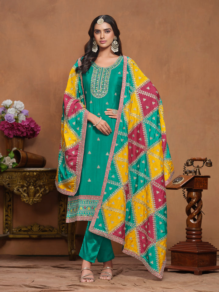 Chinon Salwar Kameez with Multicolor Dupatta | Elegant Ethnic Wear for Special Occasions