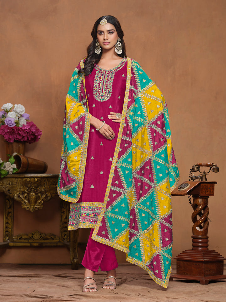 Chinon Salwar Kameez with Multicolor Dupatta | Elegant Ethnic Wear for Special Occasions