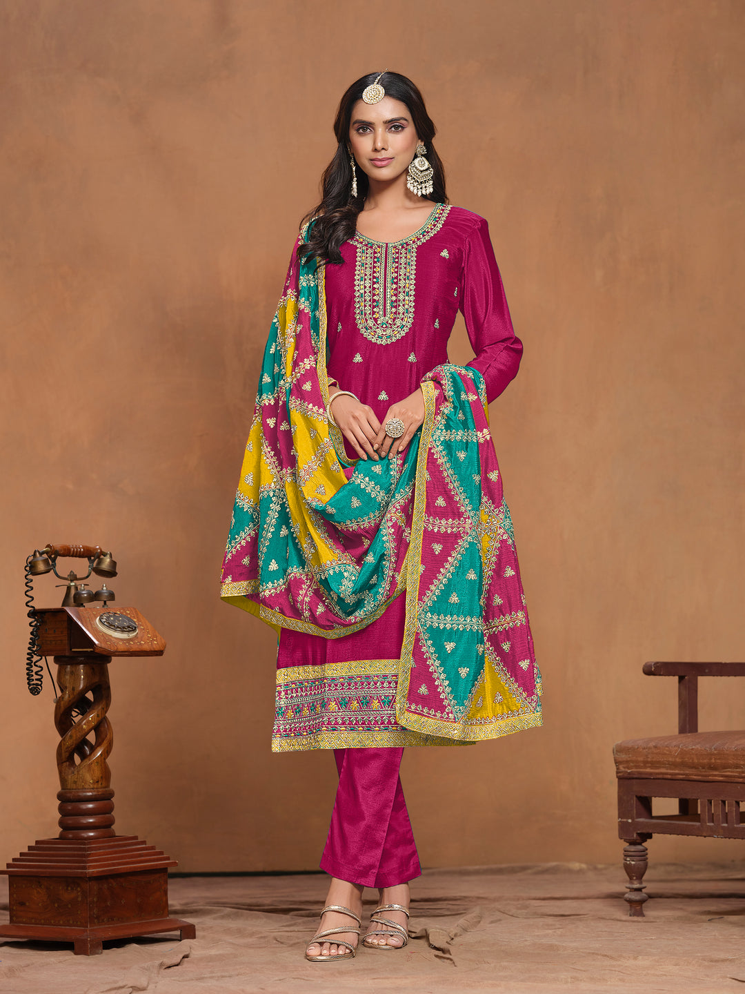 Chinon Salwar Kameez with Multicolor Dupatta | Elegant Ethnic Wear for Special Occasions