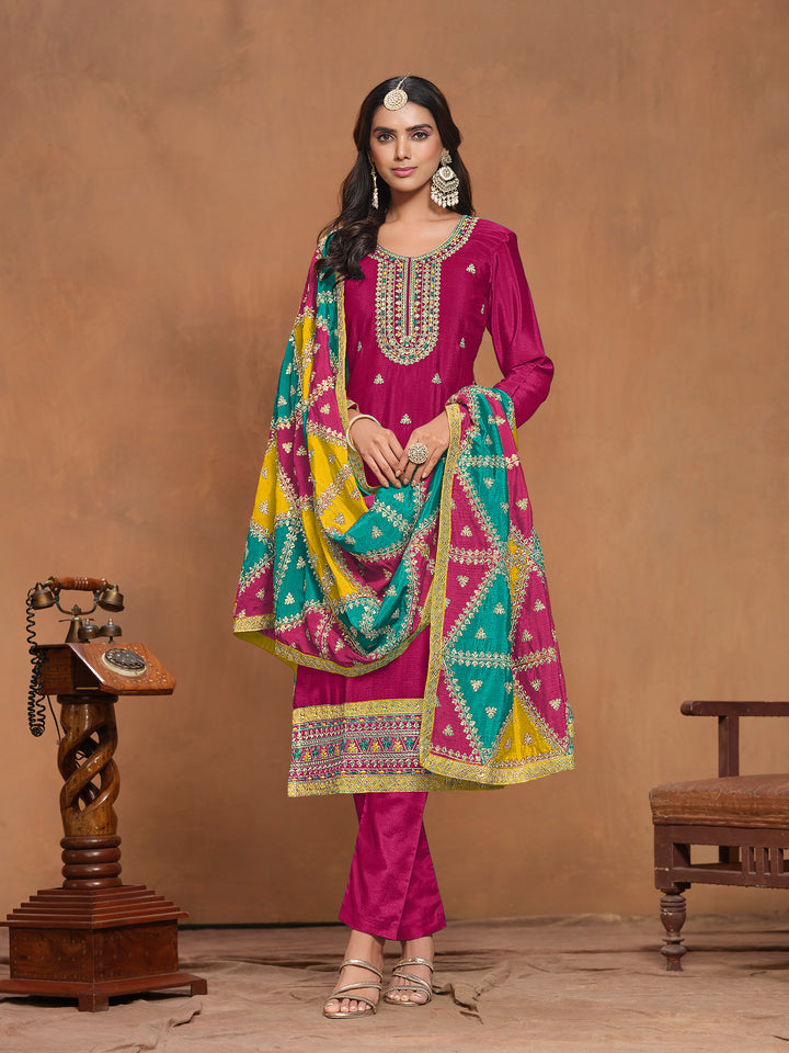 Chinon Salwar Kameez with Multicolor Dupatta | Elegant Ethnic Wear for Special Occasions